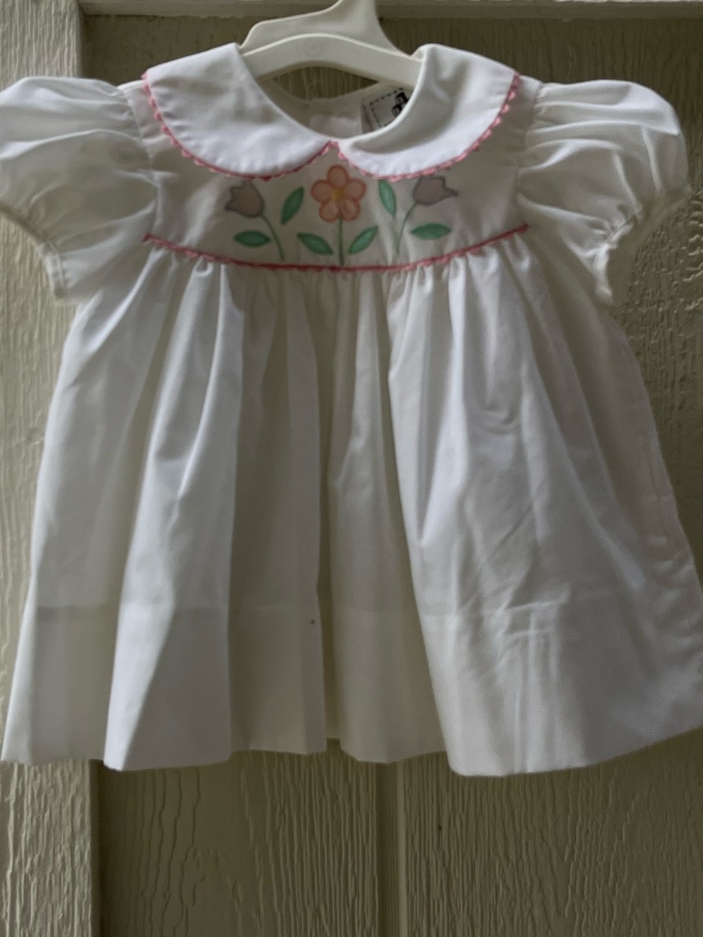 Petit Jouet White Dress with Pink Trim and Floral Embroidery